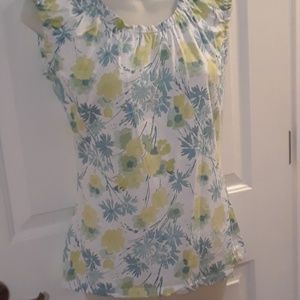 Ann Taylor Loft Blue & Green Floral Cap Sleeve Top